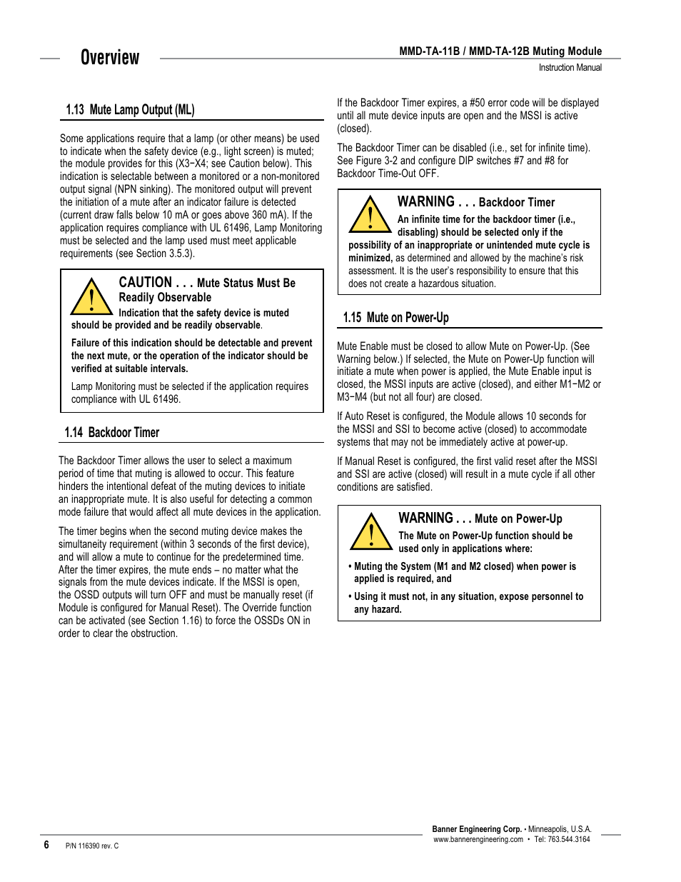 Overview, Warning, 13 mute lamp output (ml) | 14 backdoor timer, Caution, 15 mute on power-up | Banner MMD-TA-11B Muting Modules User Manual | Page 8 / 60