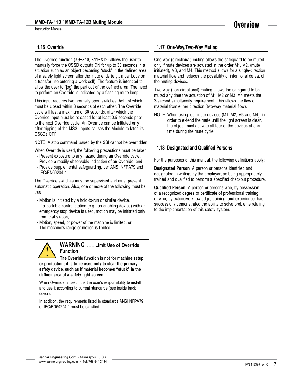 Overview, Warning, 17 one-way/two-way muting | 18 designated and qualified persons, 16 override | Banner MMD-TA-11B Muting Modules User Manual | Page 9 / 60