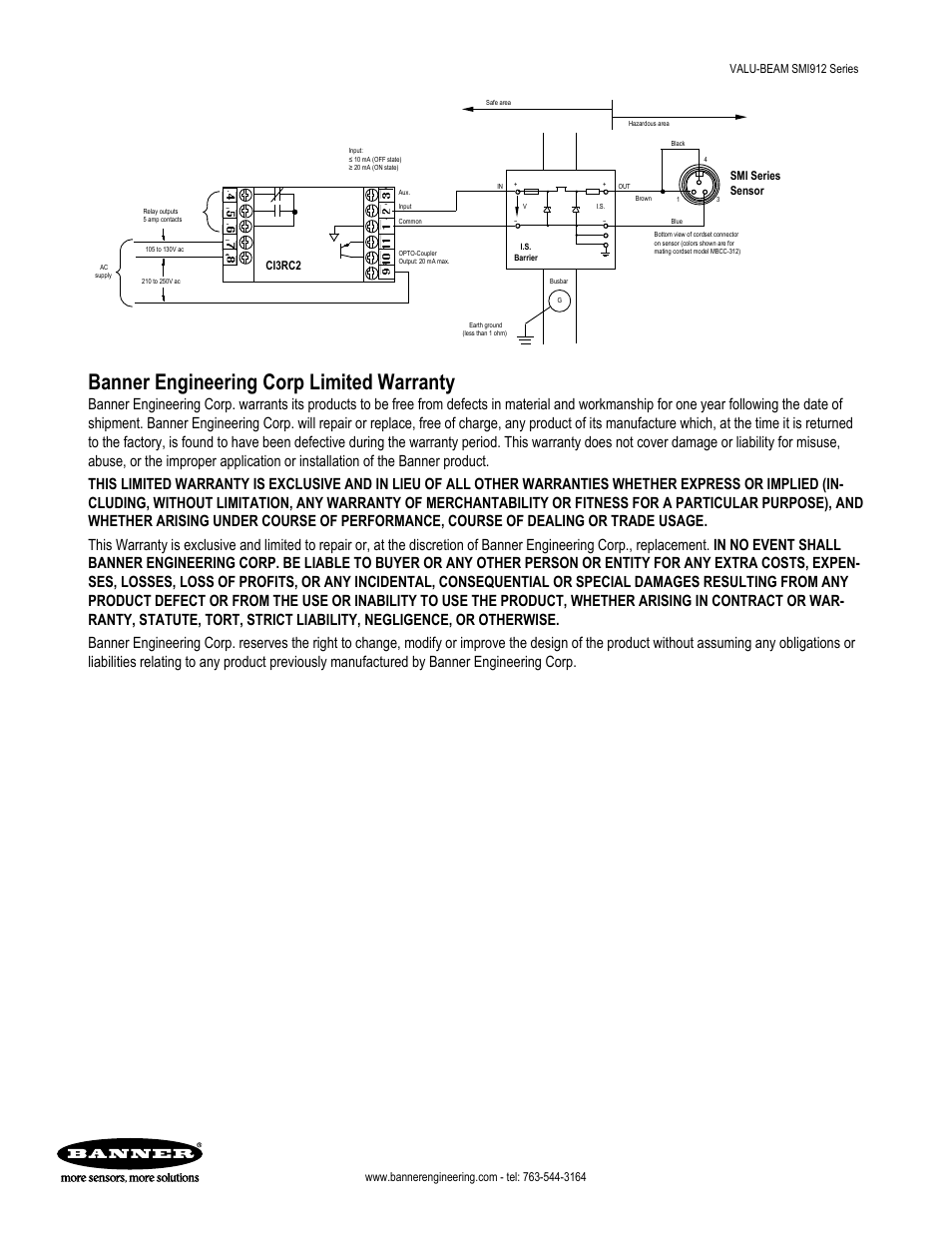 Banner engineering corp limited warranty, Smi series sensor, Ci3rc2 | Banner VALU-BEAM SMI912 Series—Intrinsically Safe User Manual | Page 11 / 11