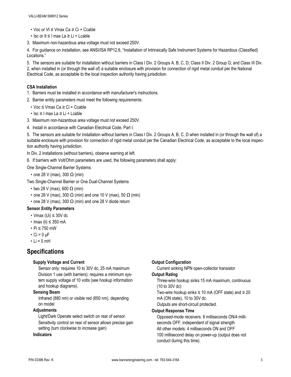 Specifications | Banner VALU-BEAM SMI912 Series—Intrinsically Safe User Manual | Page 3 / 11