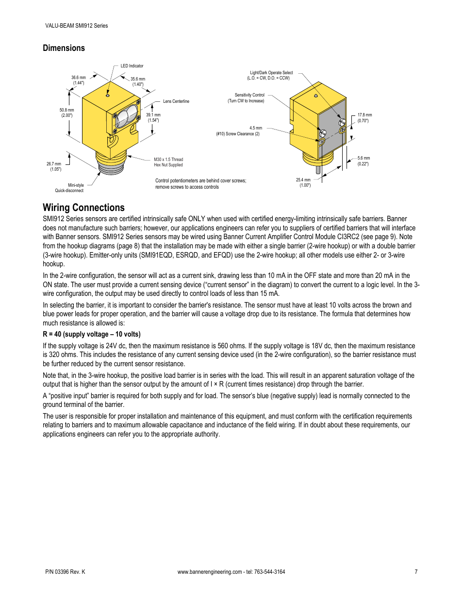 Wiring connections, Dimensions | Banner VALU-BEAM SMI912 Series—Intrinsically Safe User Manual | Page 7 / 11