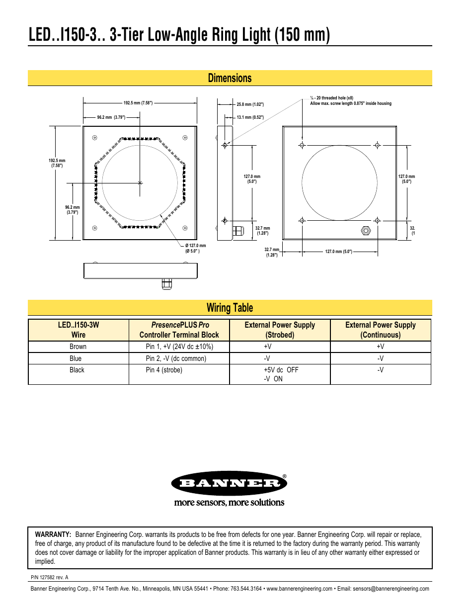 Wiring table dimensions | Banner PresencePLUS Lighting User Manual | Page 2 / 2