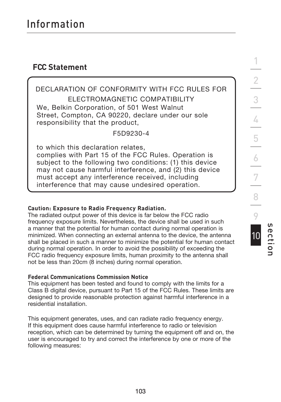 Information, Se ct io n, Fcc statement | Belkin F5D9230UK4 User Manual | Page 105 / 667