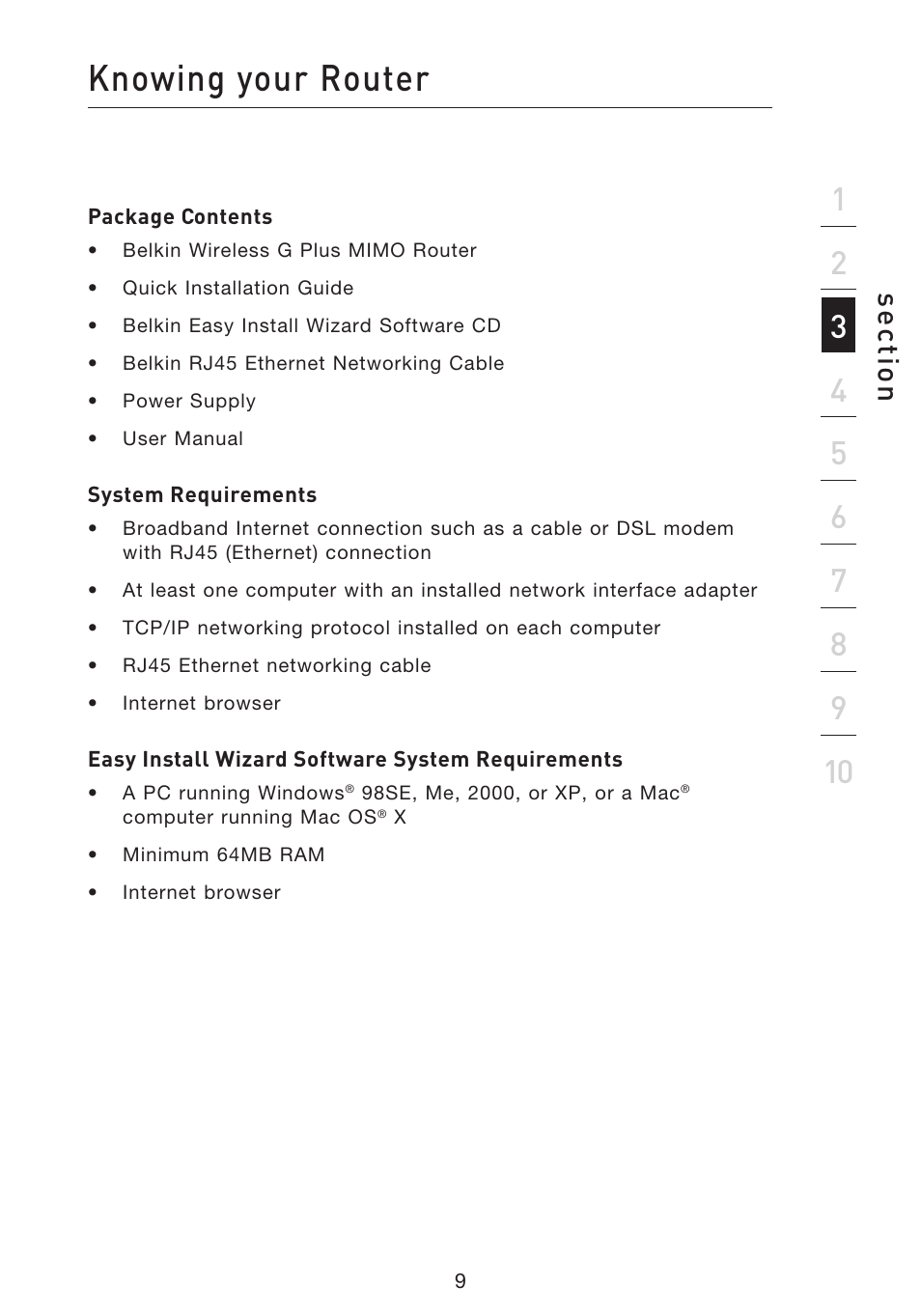 Knowing your router, Se ct io n | Belkin F5D9230UK4 User Manual | Page 11 / 667