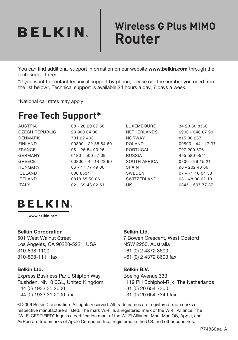 Router, Wireless g plus mimo, Free tech support | Belkin F5D9230UK4 User Manual | Page 112 / 667