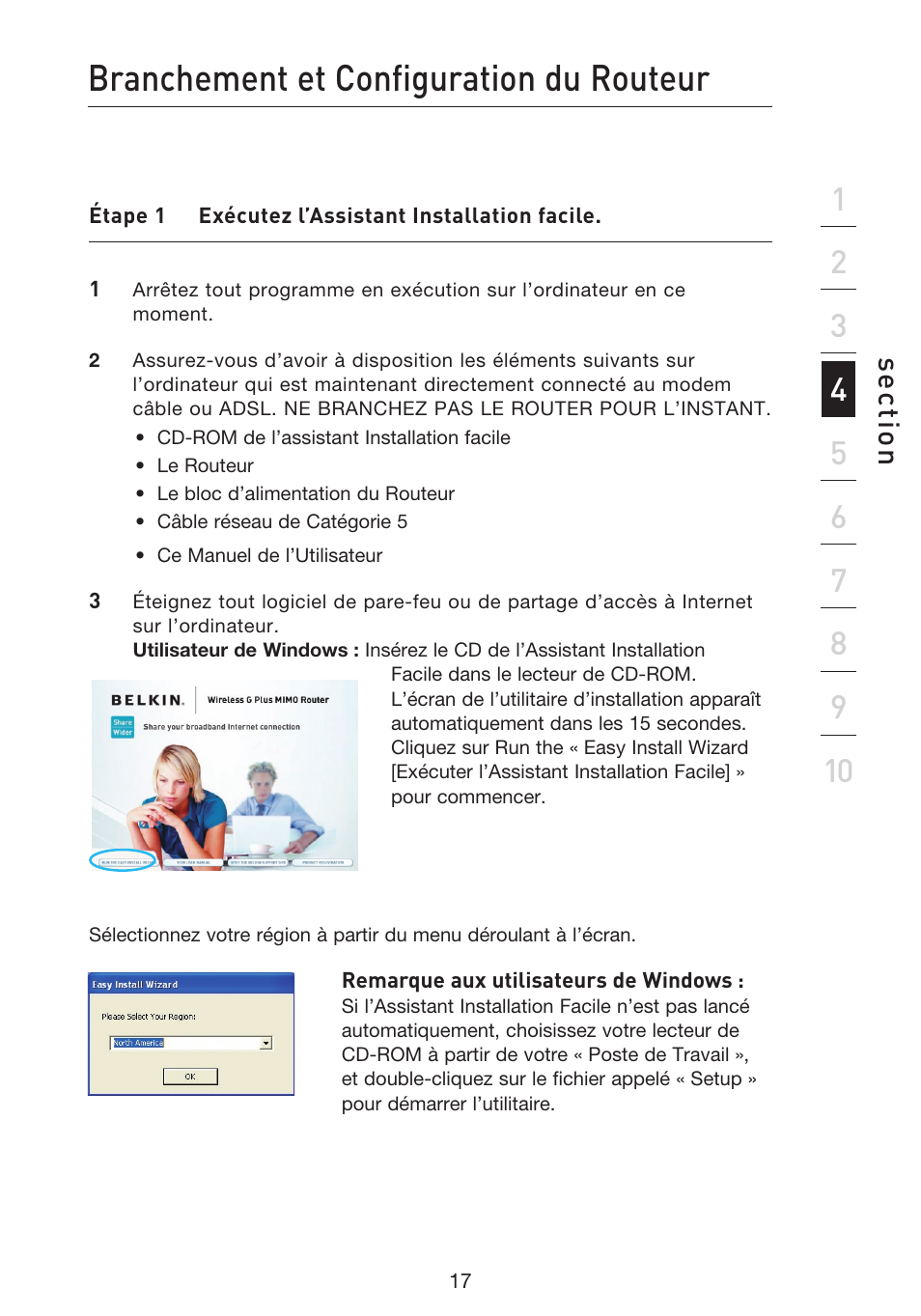Branchement et configuration du routeur, Se ct io n | Belkin F5D9230UK4 User Manual | Page 131 / 667