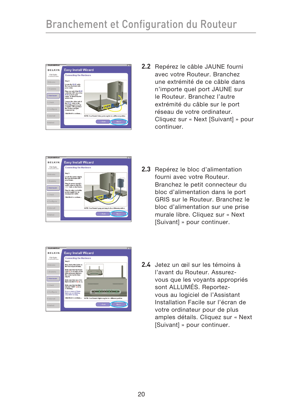 Branchement et configuration du routeur | Belkin F5D9230UK4 User Manual | Page 134 / 667