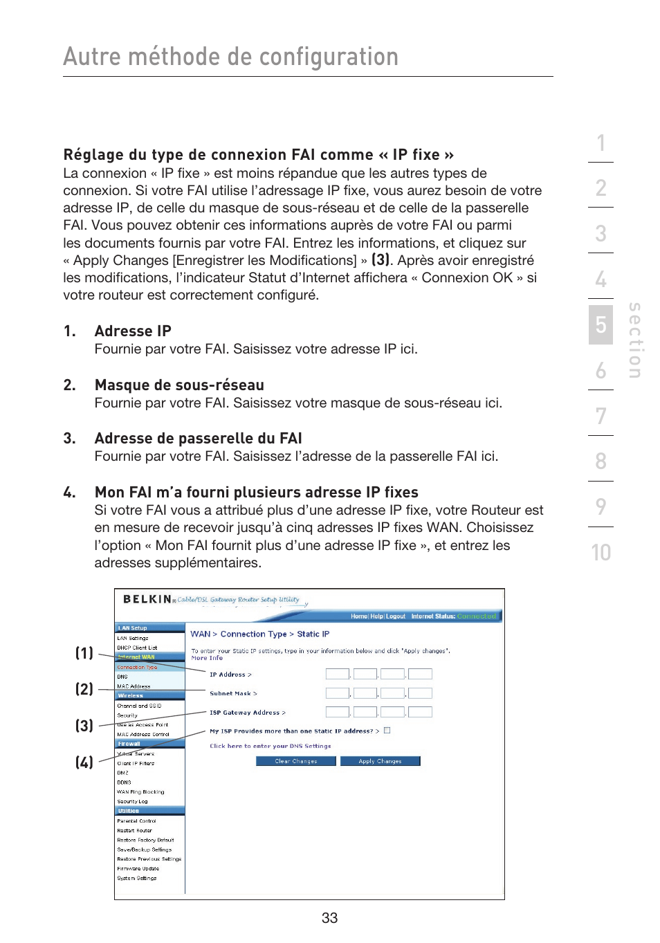 Autre méthode de configuration, Se ct io n | Belkin F5D9230UK4 User Manual | Page 147 / 667