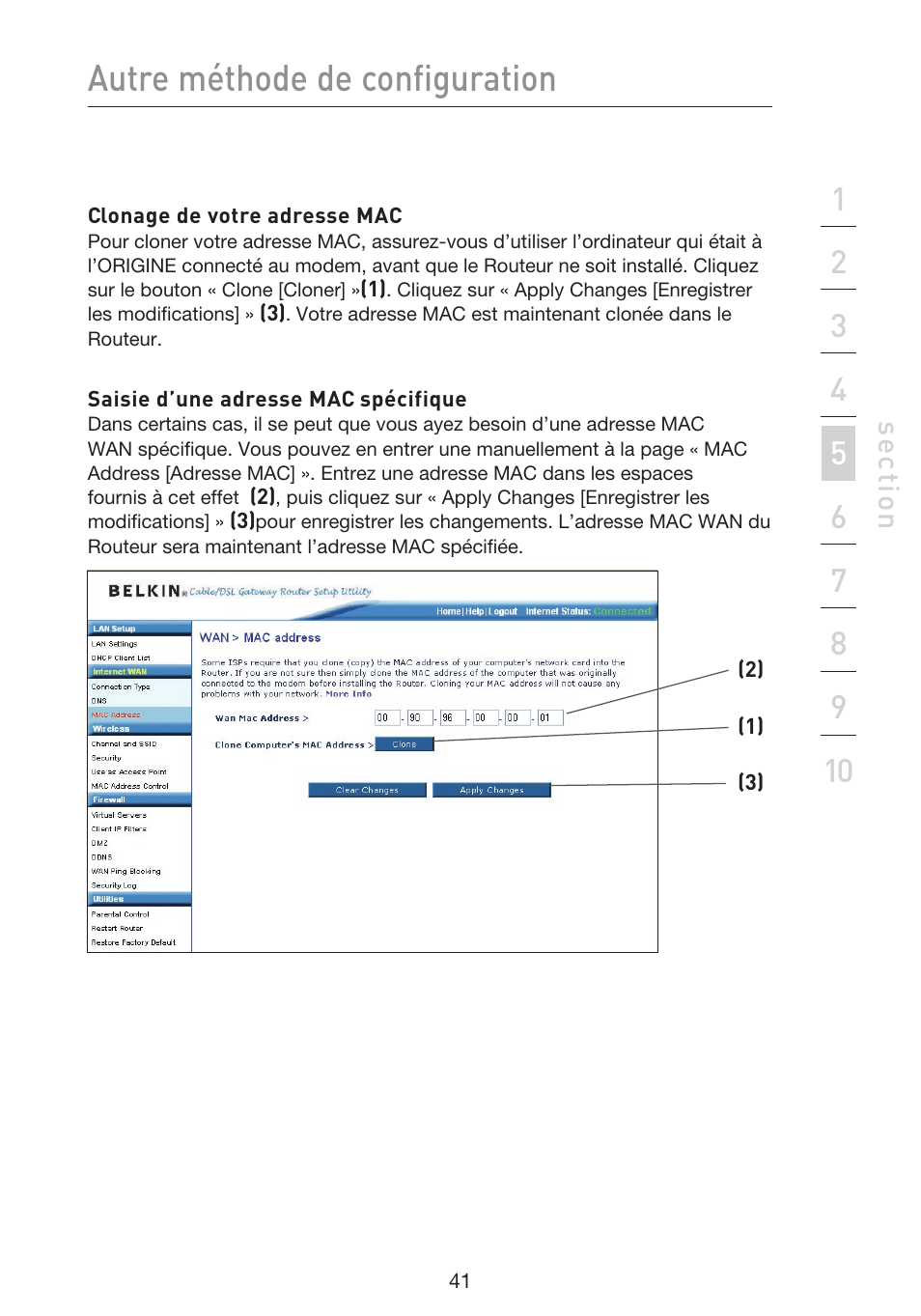 Autre méthode de configuration, Se ct io n | Belkin F5D9230UK4 User Manual | Page 155 / 667