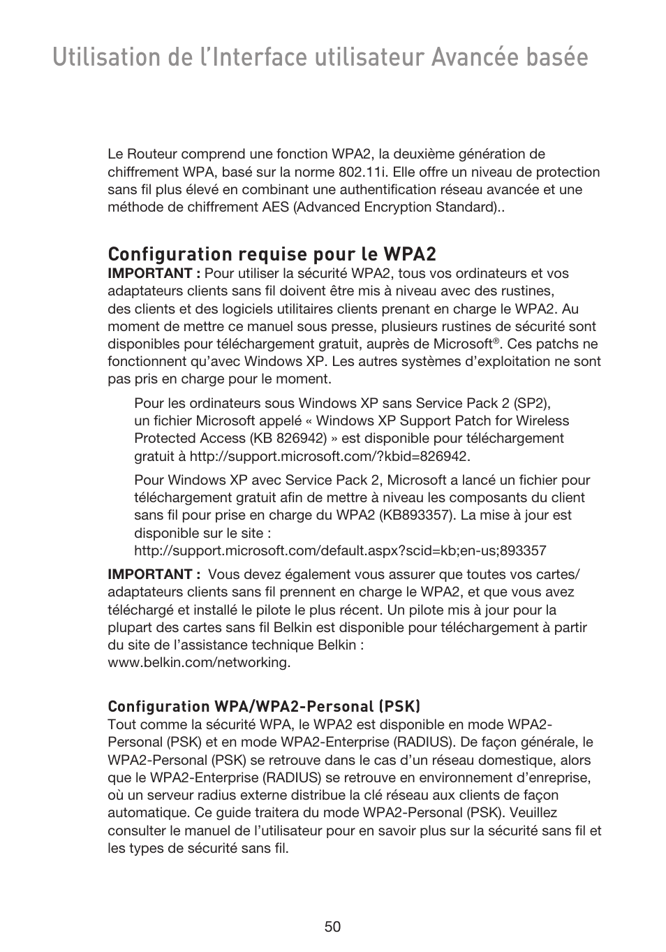 Configuration requise pour le wpa2 | Belkin F5D9230UK4 User Manual | Page 164 / 667