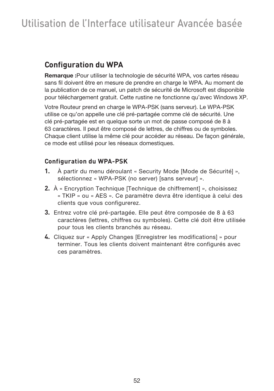 Configuration du wpa | Belkin F5D9230UK4 User Manual | Page 166 / 667