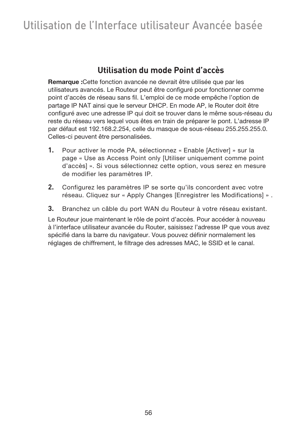 Utilisation du mode point d’accès | Belkin F5D9230UK4 User Manual | Page 170 / 667