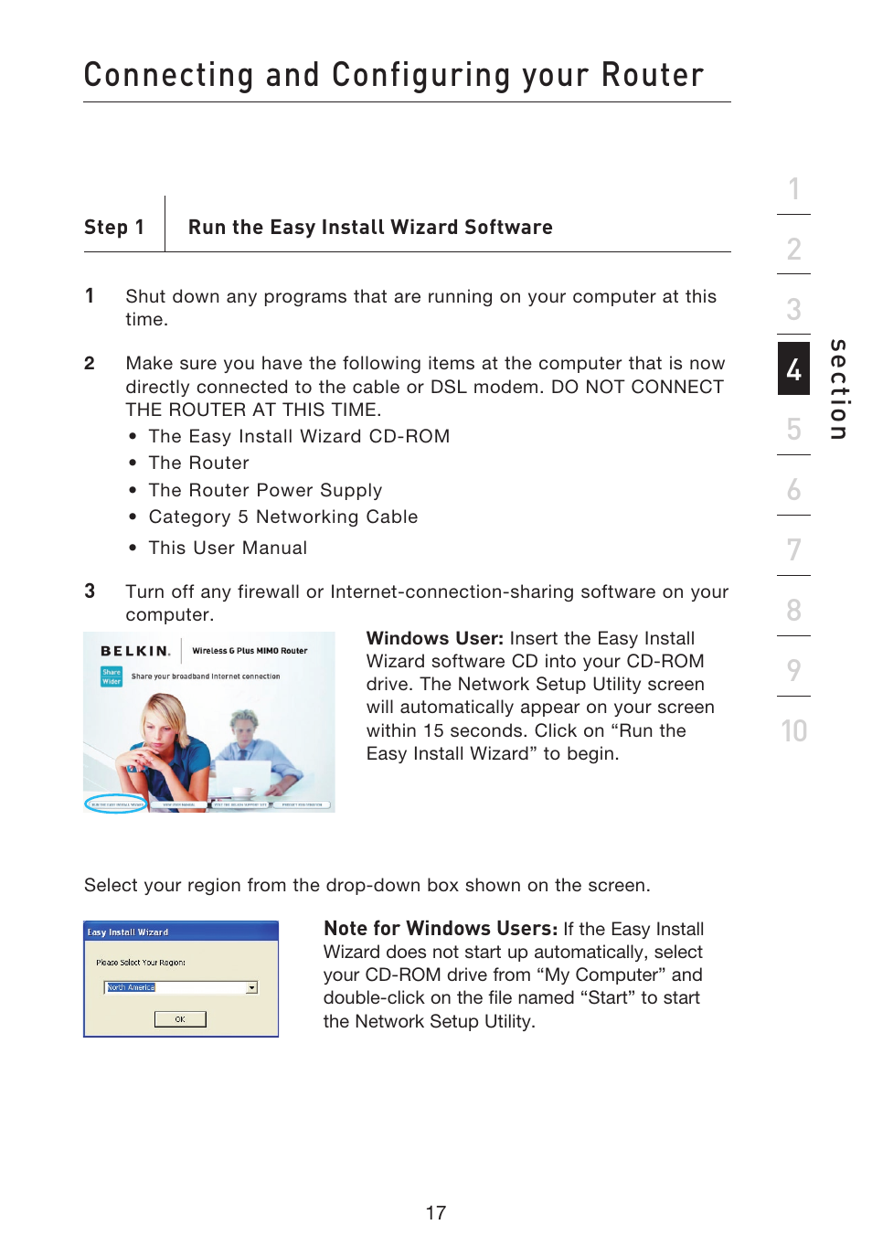 Connecting and configuring your router, Se ct io n | Belkin F5D9230UK4 User Manual | Page 19 / 667