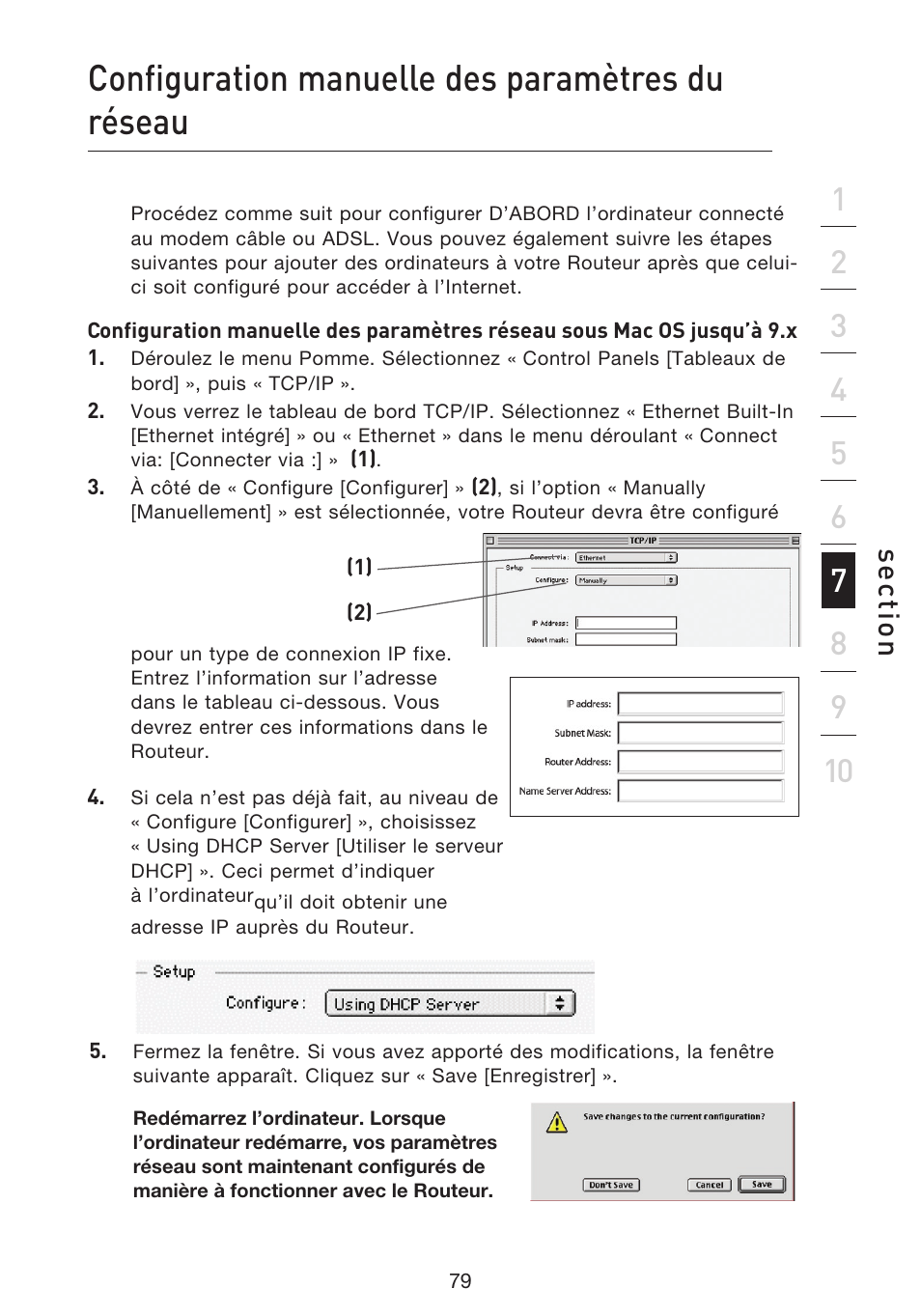 Configuration manuelle des paramètres du réseau, Se ct io n | Belkin F5D9230UK4 User Manual | Page 193 / 667