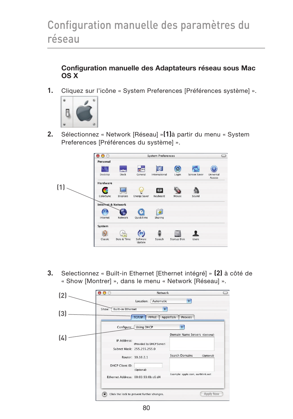 Configuration manuelle des paramètres du réseau | Belkin F5D9230UK4 User Manual | Page 194 / 667