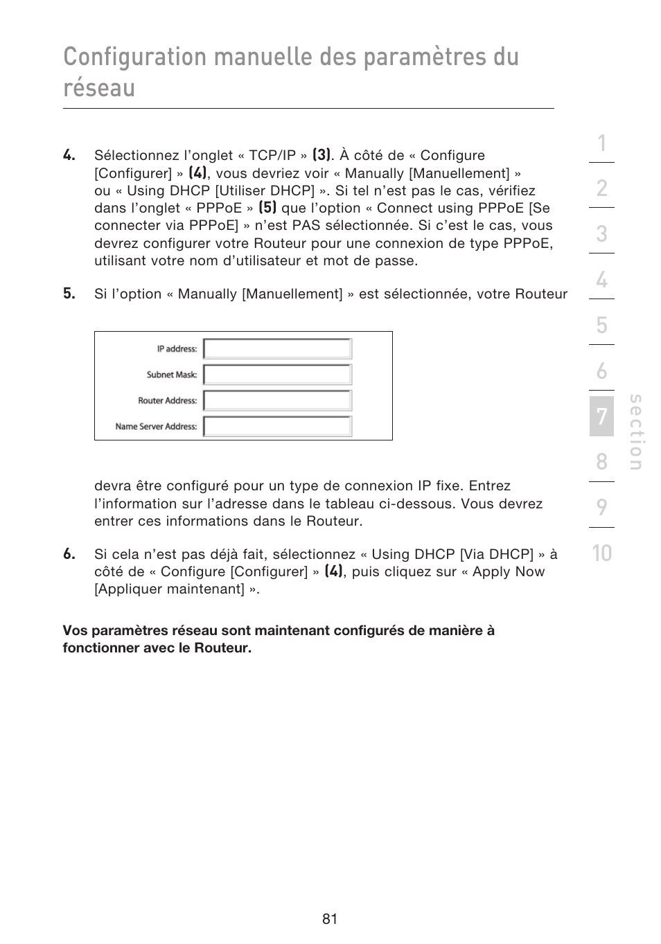 Configuration manuelle des paramètres du réseau, Se ct io n | Belkin F5D9230UK4 User Manual | Page 195 / 667