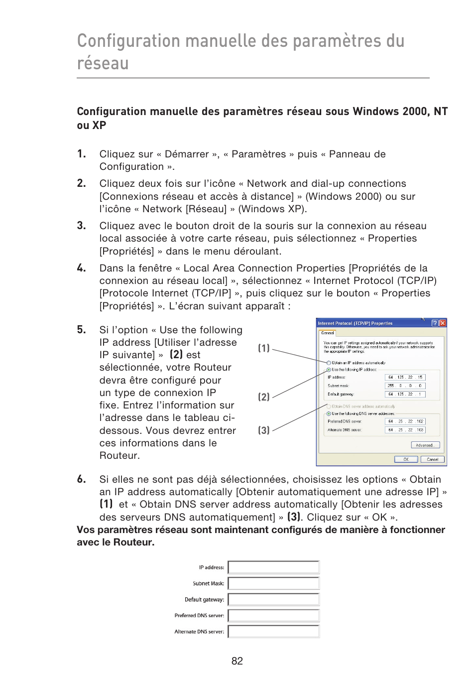 Configuration manuelle des paramètres du réseau | Belkin F5D9230UK4 User Manual | Page 196 / 667