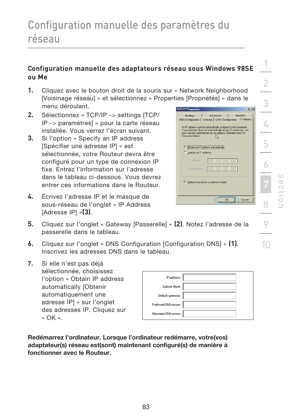 Configuration manuelle des paramètres du réseau, Se ct io n | Belkin F5D9230UK4 User Manual | Page 197 / 667