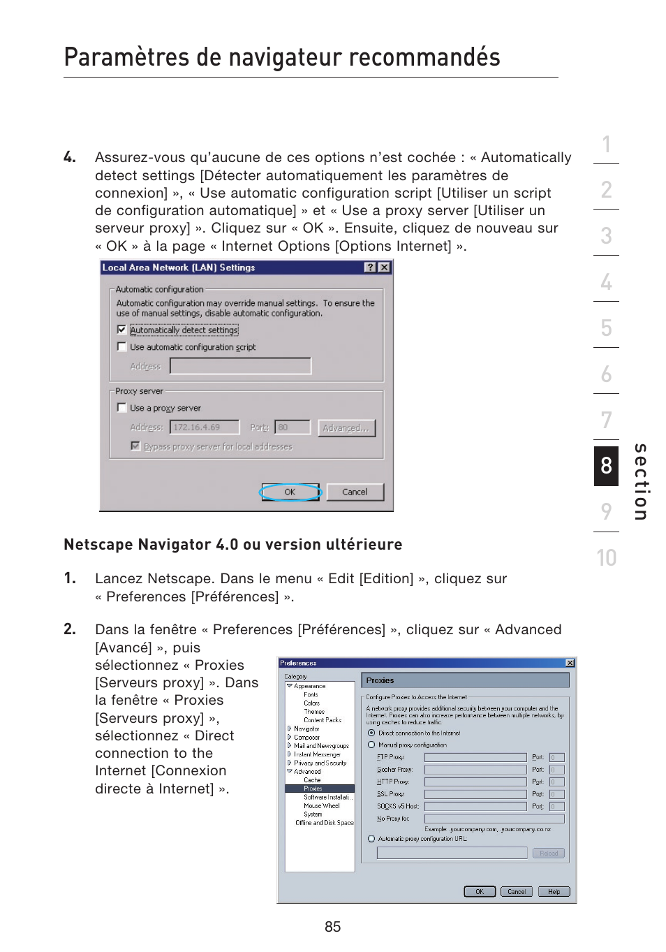 Paramètres de navigateur recommandés, Se ct io n | Belkin F5D9230UK4 User Manual | Page 199 / 667