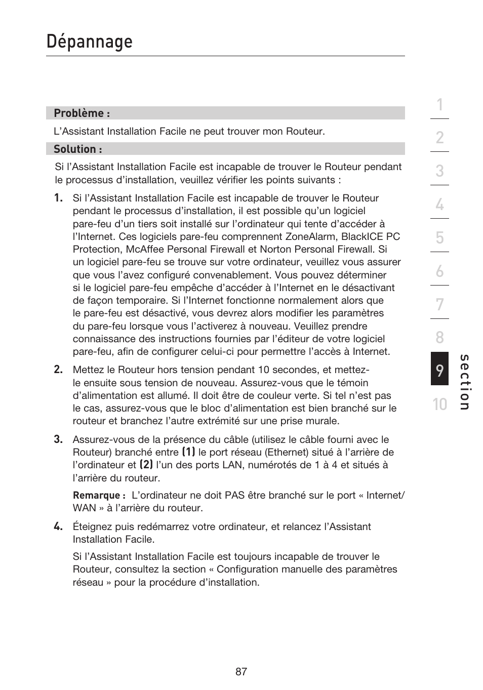 Dépannage, Se ct io n | Belkin F5D9230UK4 User Manual | Page 201 / 667
