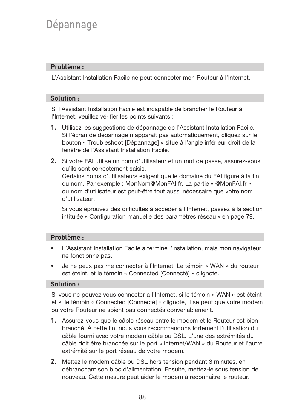 Dépannage | Belkin F5D9230UK4 User Manual | Page 202 / 667