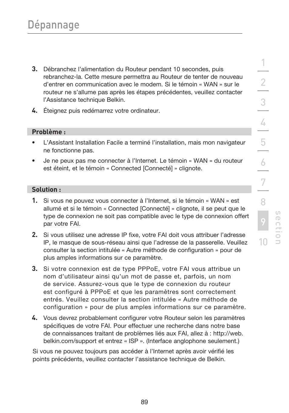 Dépannage, Se ct io n | Belkin F5D9230UK4 User Manual | Page 203 / 667