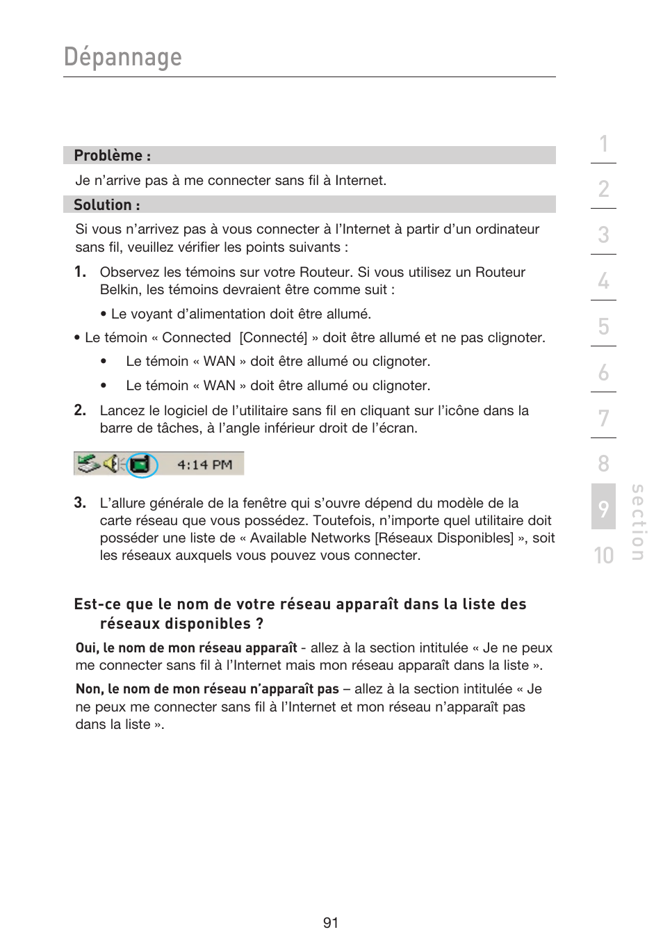 Dépannage, Se ct io n | Belkin F5D9230UK4 User Manual | Page 205 / 667