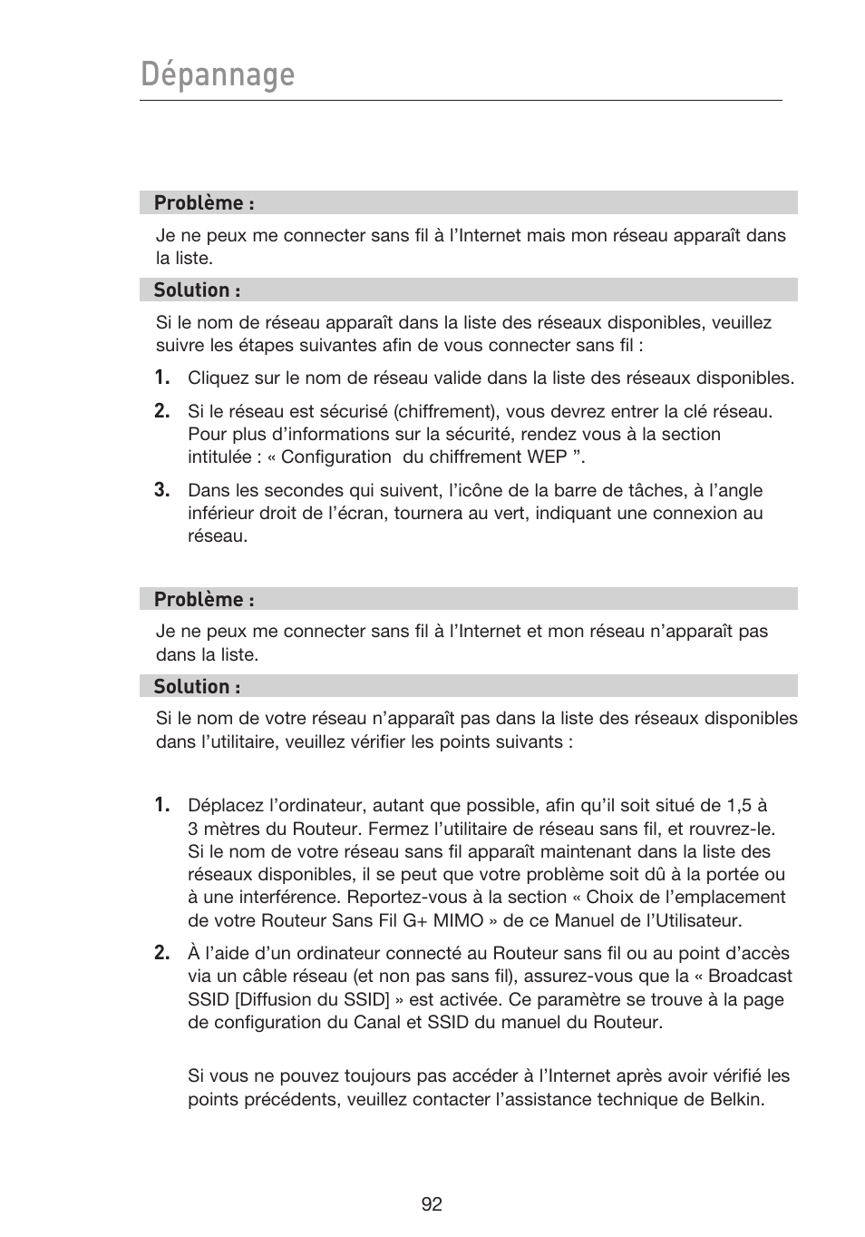 Dépannage | Belkin F5D9230UK4 User Manual | Page 206 / 667