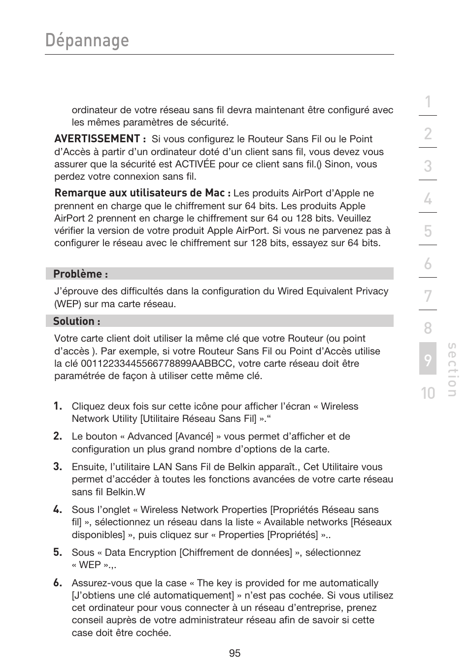 Dépannage, Se ct io n | Belkin F5D9230UK4 User Manual | Page 209 / 667
