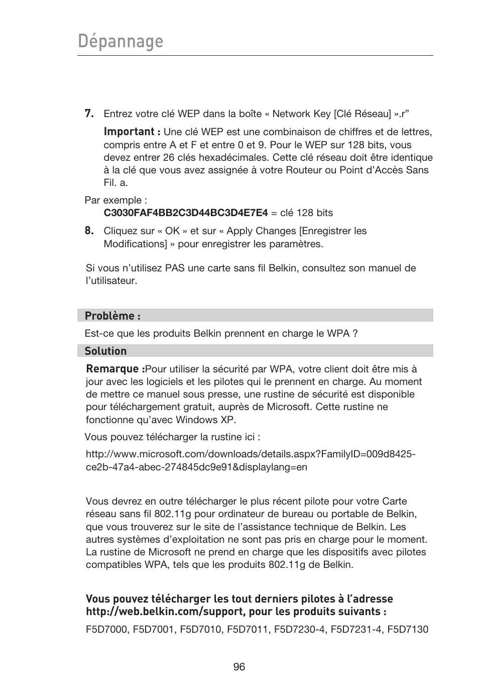 Dépannage | Belkin F5D9230UK4 User Manual | Page 210 / 667