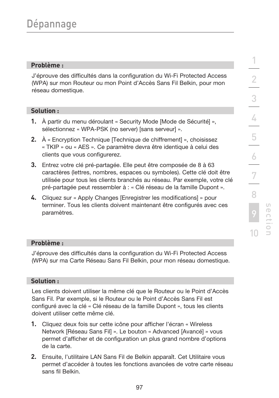 Dépannage, Se ct io n | Belkin F5D9230UK4 User Manual | Page 211 / 667
