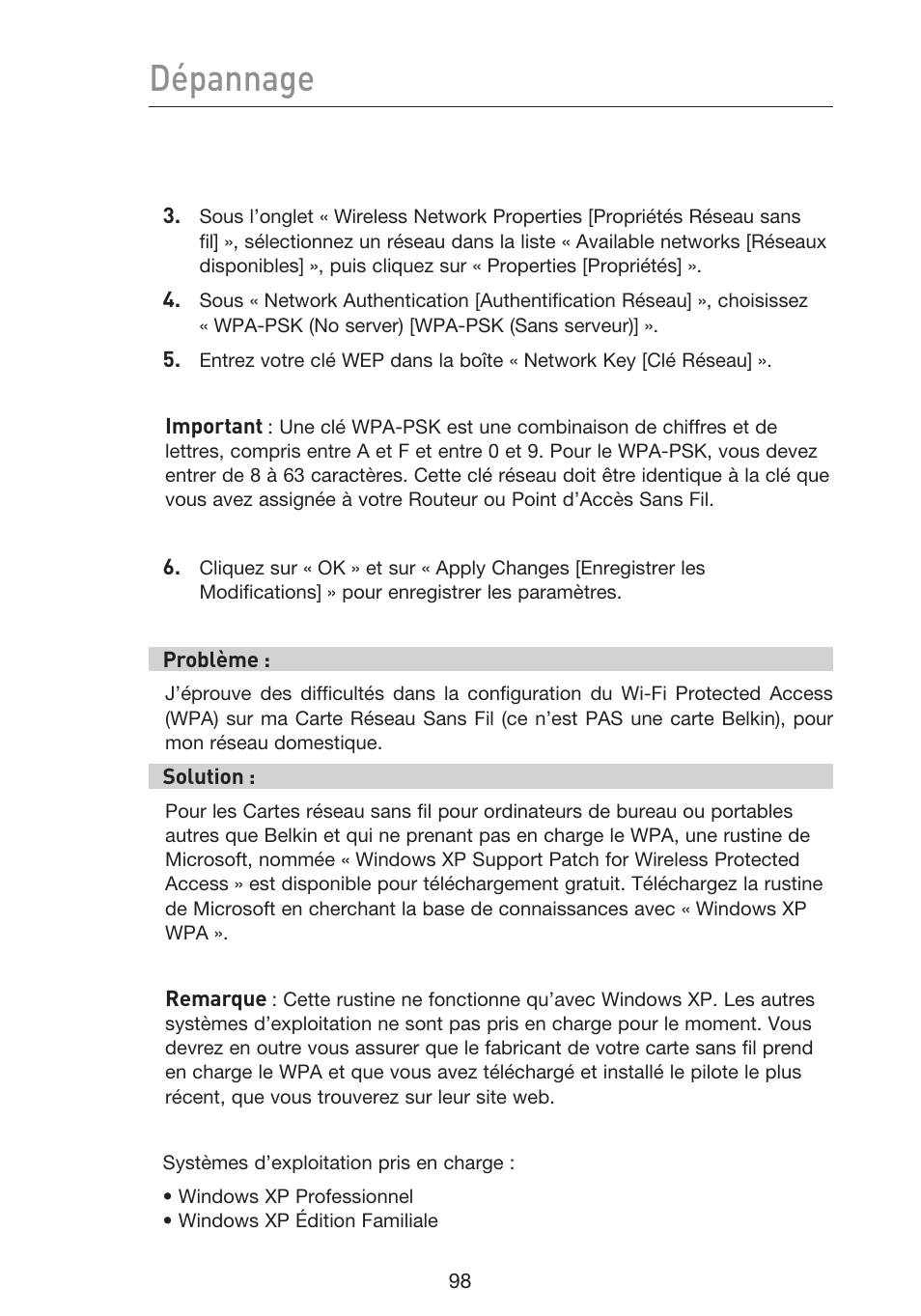 Dépannage | Belkin F5D9230UK4 User Manual | Page 212 / 667