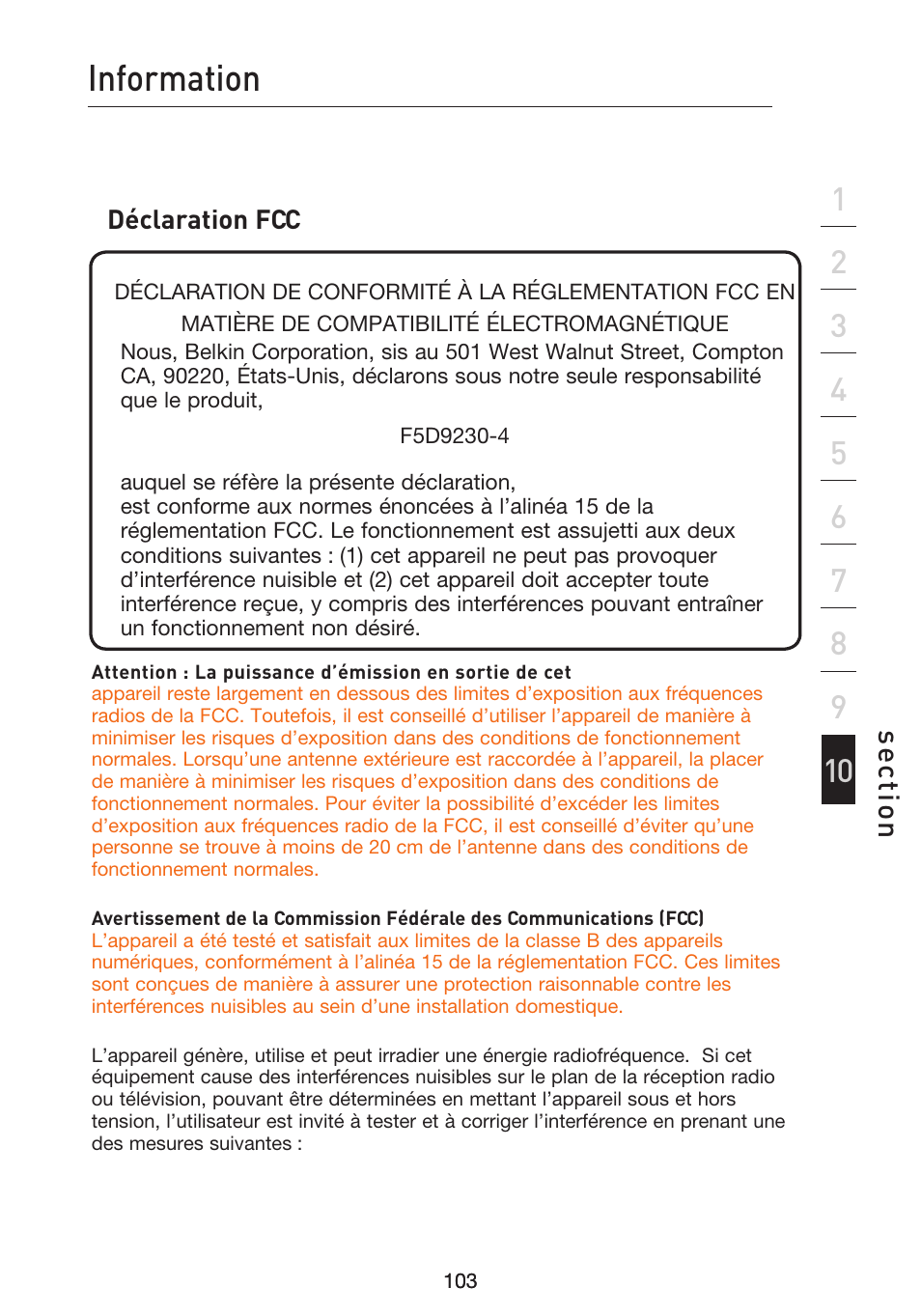 Information, Se ct io n | Belkin F5D9230UK4 User Manual | Page 217 / 667