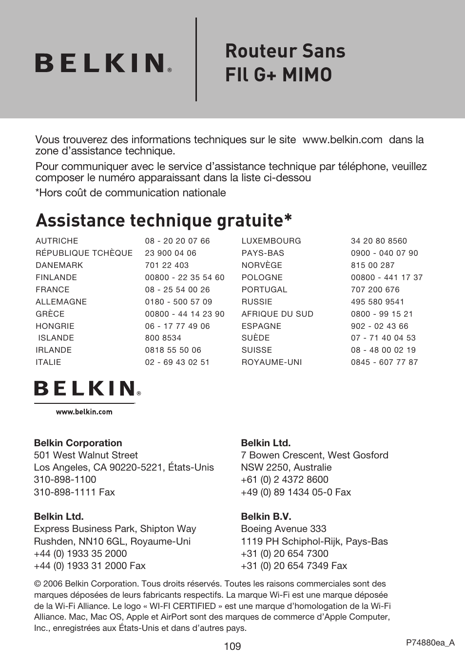 Routeur sans fil g+ mimo, Assistance technique gratuite | Belkin F5D9230UK4 User Manual | Page 223 / 667