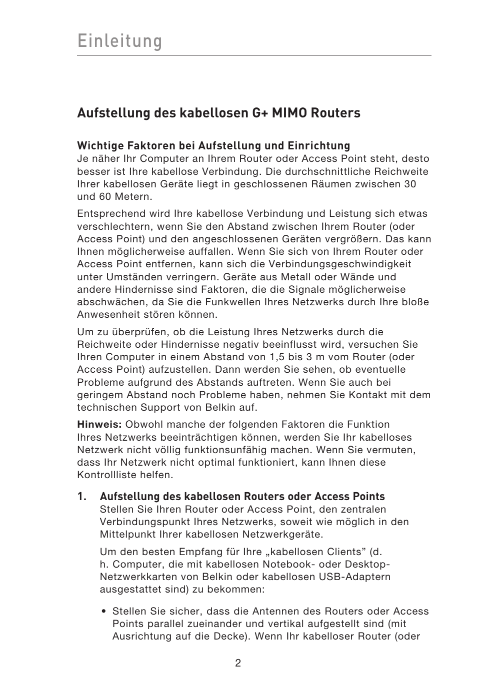 Einleitung, Aufstellung des kabellosen g+ mimo routers | Belkin F5D9230UK4 User Manual | Page 227 / 667