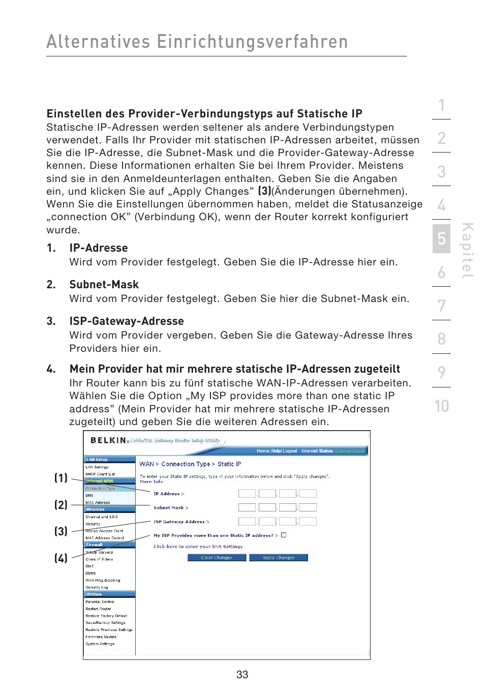 Alternatives einrichtungsverfahren, Kap ite l | Belkin F5D9230UK4 User Manual | Page 258 / 667