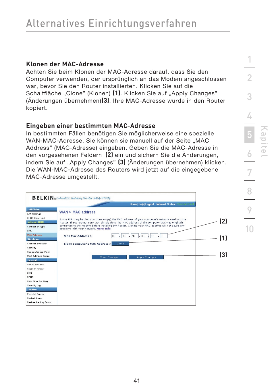 Alternatives einrichtungsverfahren, Kap ite l | Belkin F5D9230UK4 User Manual | Page 266 / 667