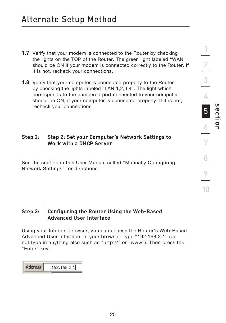 Alternate setup method, Se ct io n | Belkin F5D9230UK4 User Manual | Page 27 / 667