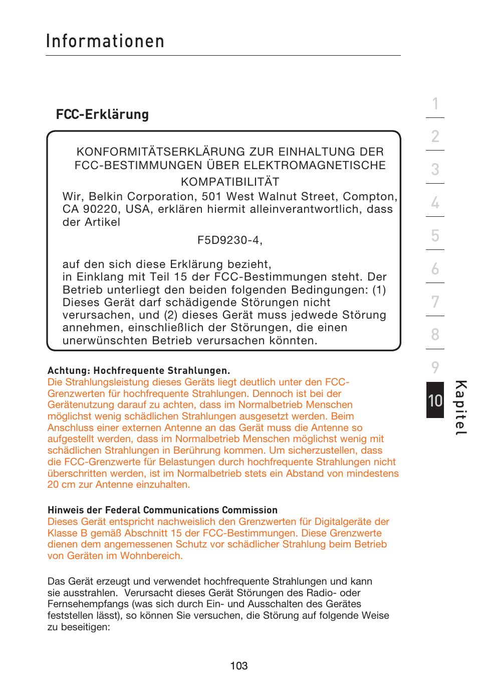 Informationen, Kap ite l | Belkin F5D9230UK4 User Manual | Page 328 / 667