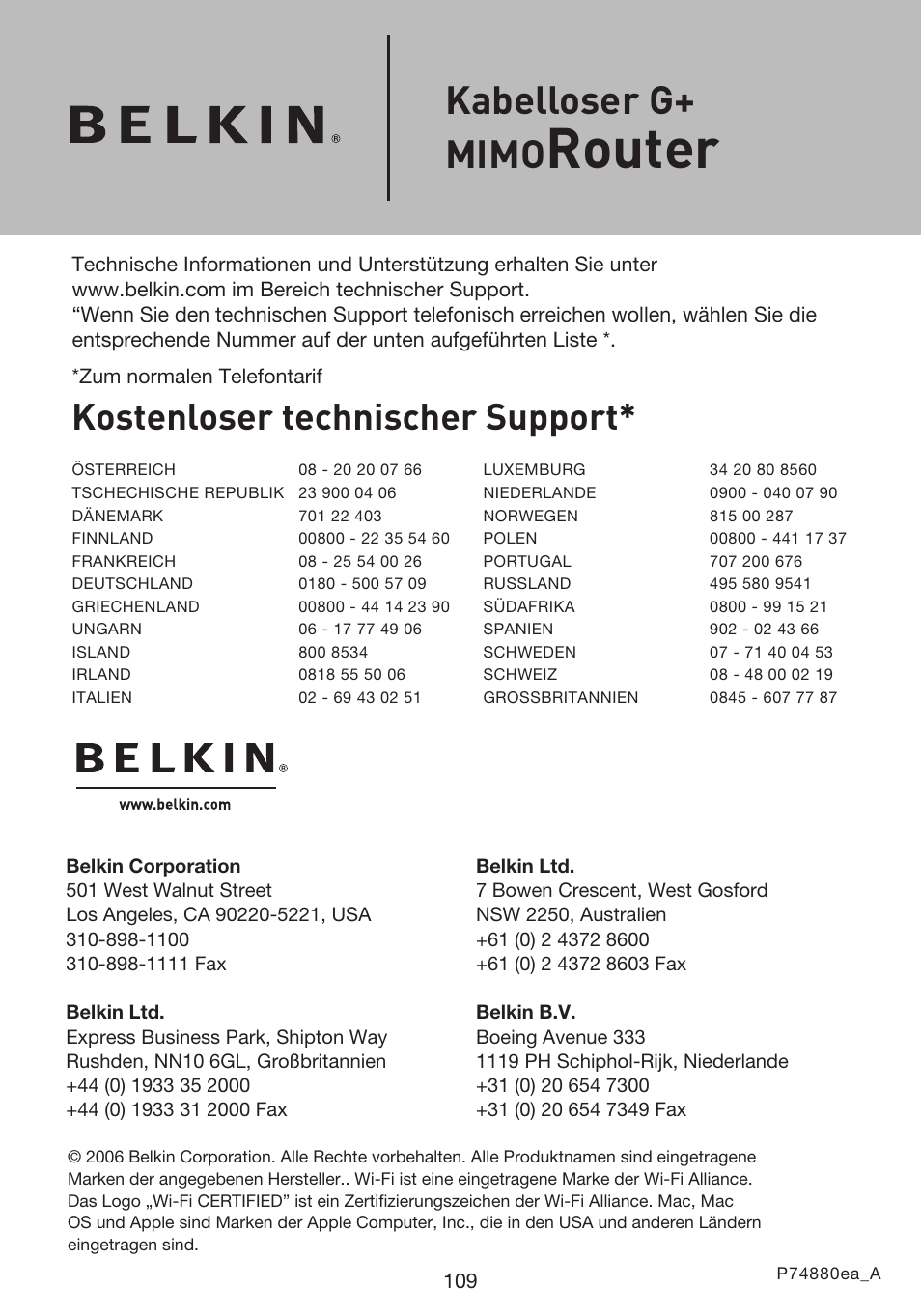 Router, Kabelloser g+ mimo, Kostenloser technischer support | Belkin F5D9230UK4 User Manual | Page 334 / 667