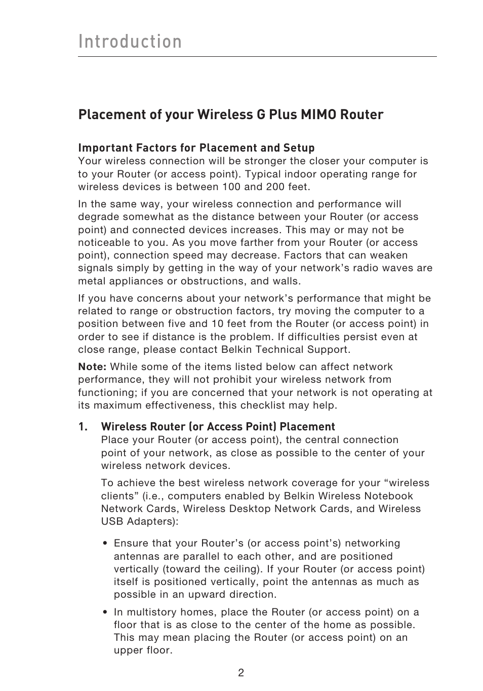 Introduction, Placement of your wireless g plus mimo router | Belkin F5D9230UK4 User Manual | Page 4 / 667