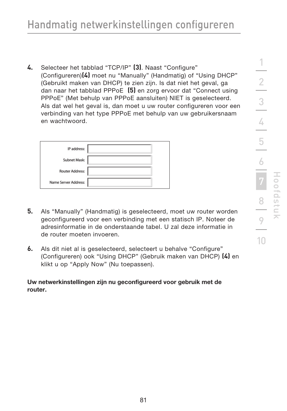 Handmatig netwerkinstellingen configureren, Hoo fd st u k | Belkin F5D9230UK4 User Manual | Page 417 / 667