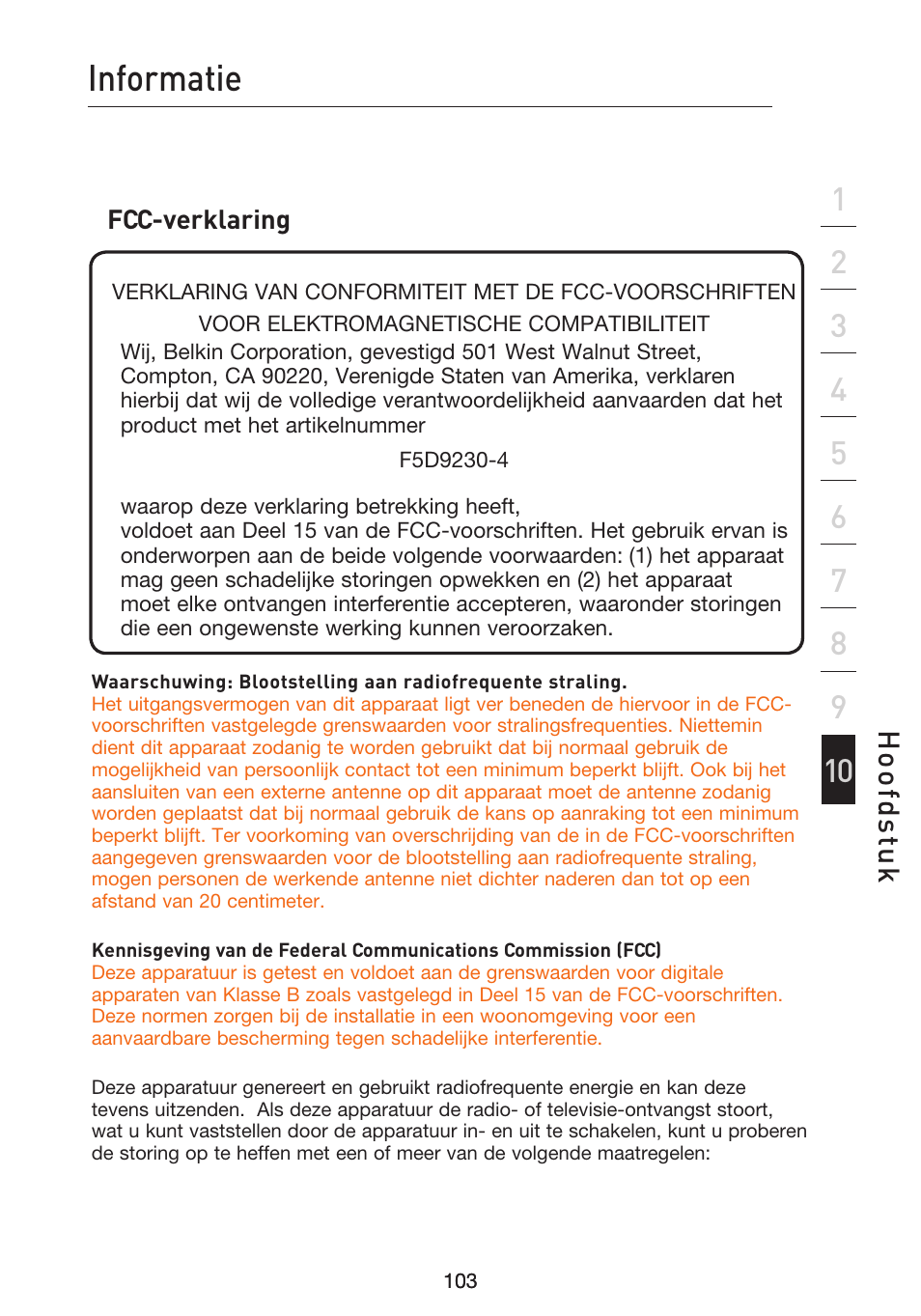 Informatie, Hoo fd st u k, Fcc-verklaring | Belkin F5D9230UK4 User Manual | Page 439 / 667