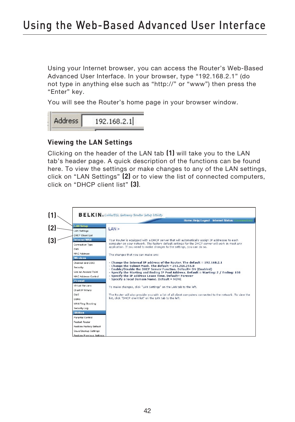 Using the web-based advanced user interface | Belkin F5D9230UK4 User Manual | Page 44 / 667