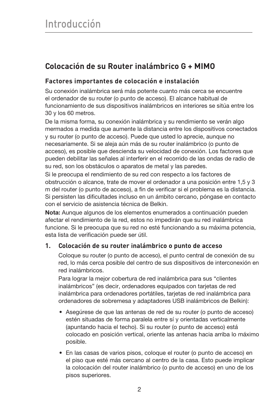 Introducción, Colocación de su router inalámbrico g + mimo | Belkin F5D9230UK4 User Manual | Page 449 / 667