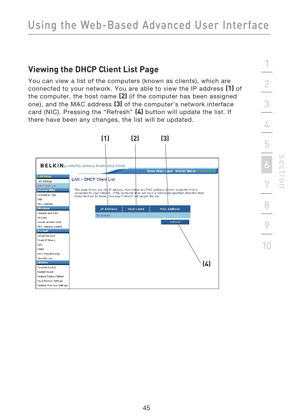 Using the web-based advanced user interface, Se ct io n | Belkin F5D9230UK4 User Manual | Page 47 / 667