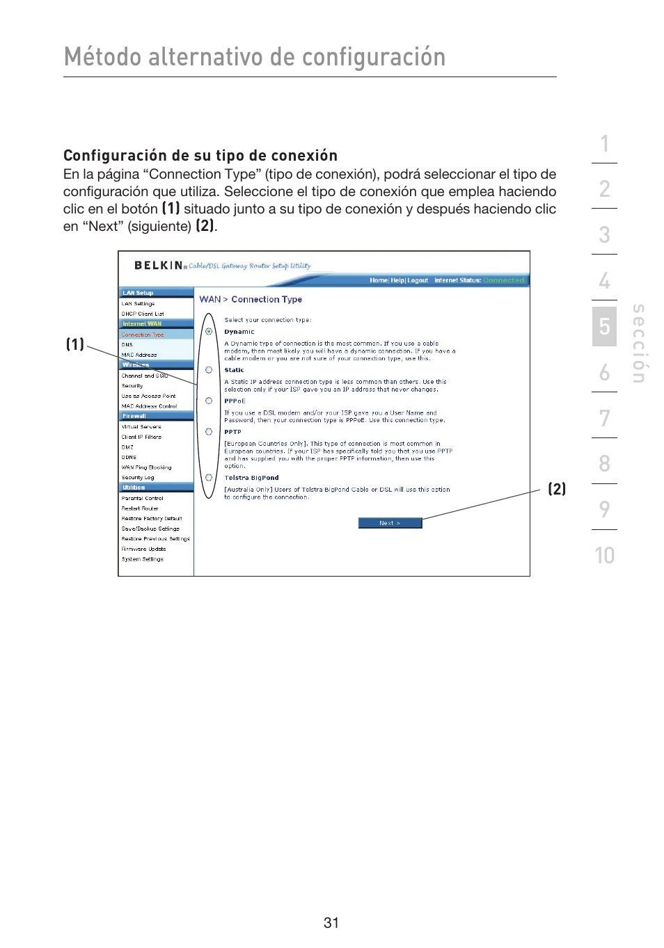 Método alternativo de configuración | Belkin F5D9230UK4 User Manual | Page 478 / 667