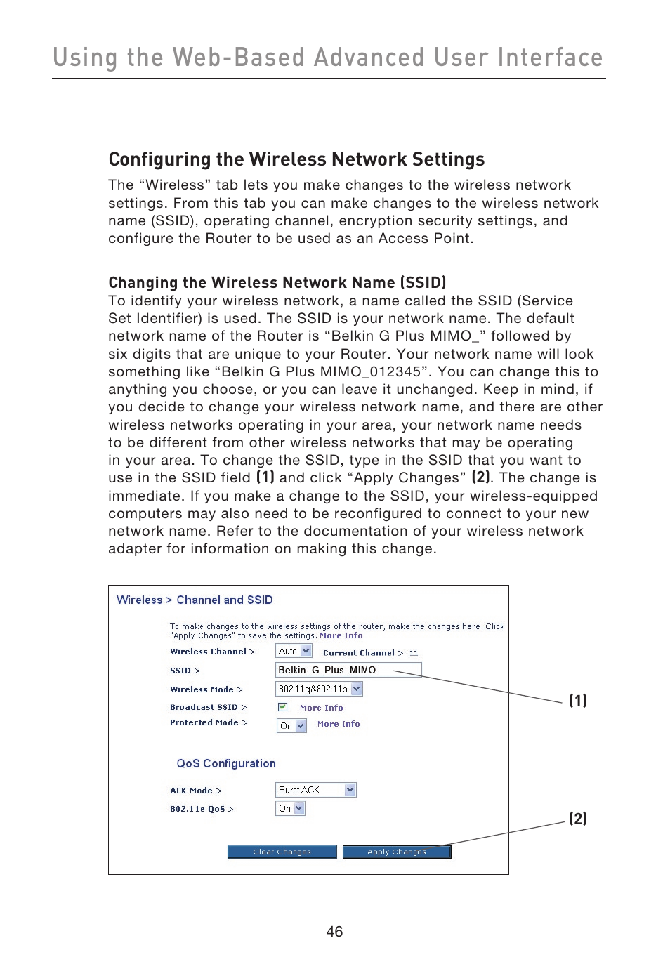 Using the web-based advanced user interface, Configuring the wireless network settings | Belkin F5D9230UK4 User Manual | Page 48 / 667