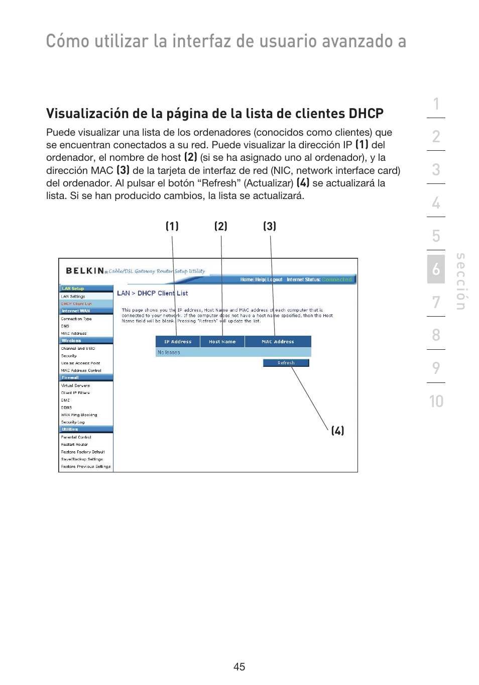 Cómo utilizar la interfaz de usuario avanzado a, Se cc ió n | Belkin F5D9230UK4 User Manual | Page 492 / 667