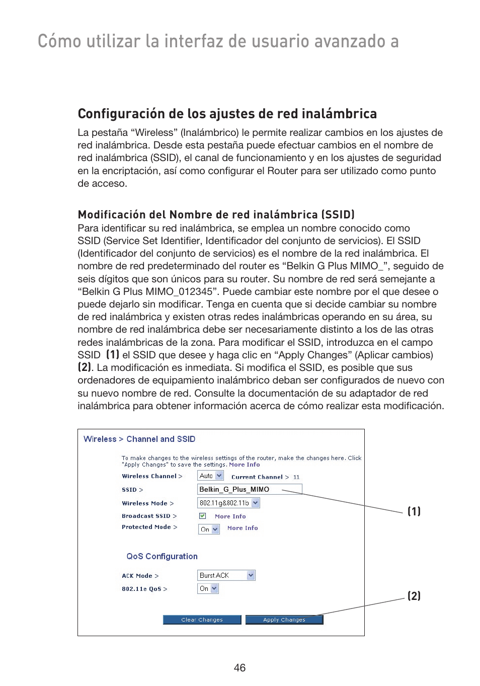 Cómo utilizar la interfaz de usuario avanzado a, Configuración de los ajustes de red inalámbrica | Belkin F5D9230UK4 User Manual | Page 493 / 667